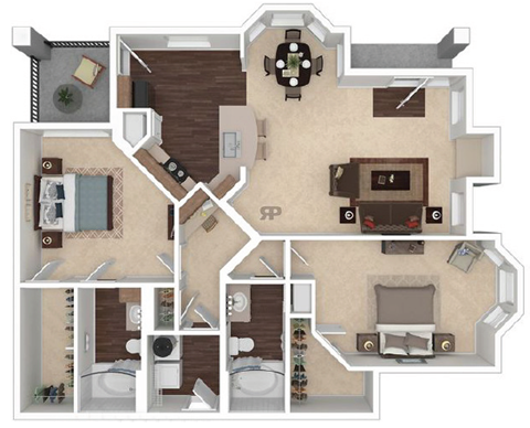 Floor plan for 2 beds, 2 baths, 1310 sqft